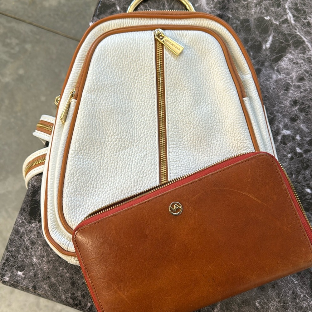 White and tan Valentina leather convertible sling bag with wallet.